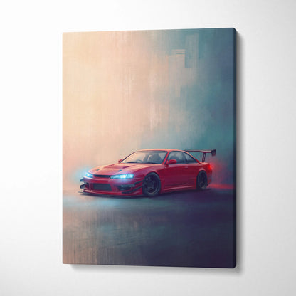 Vibrant red nissan silvia s15 drift car canvas print with glowing headlights and rear spoiler for home decor