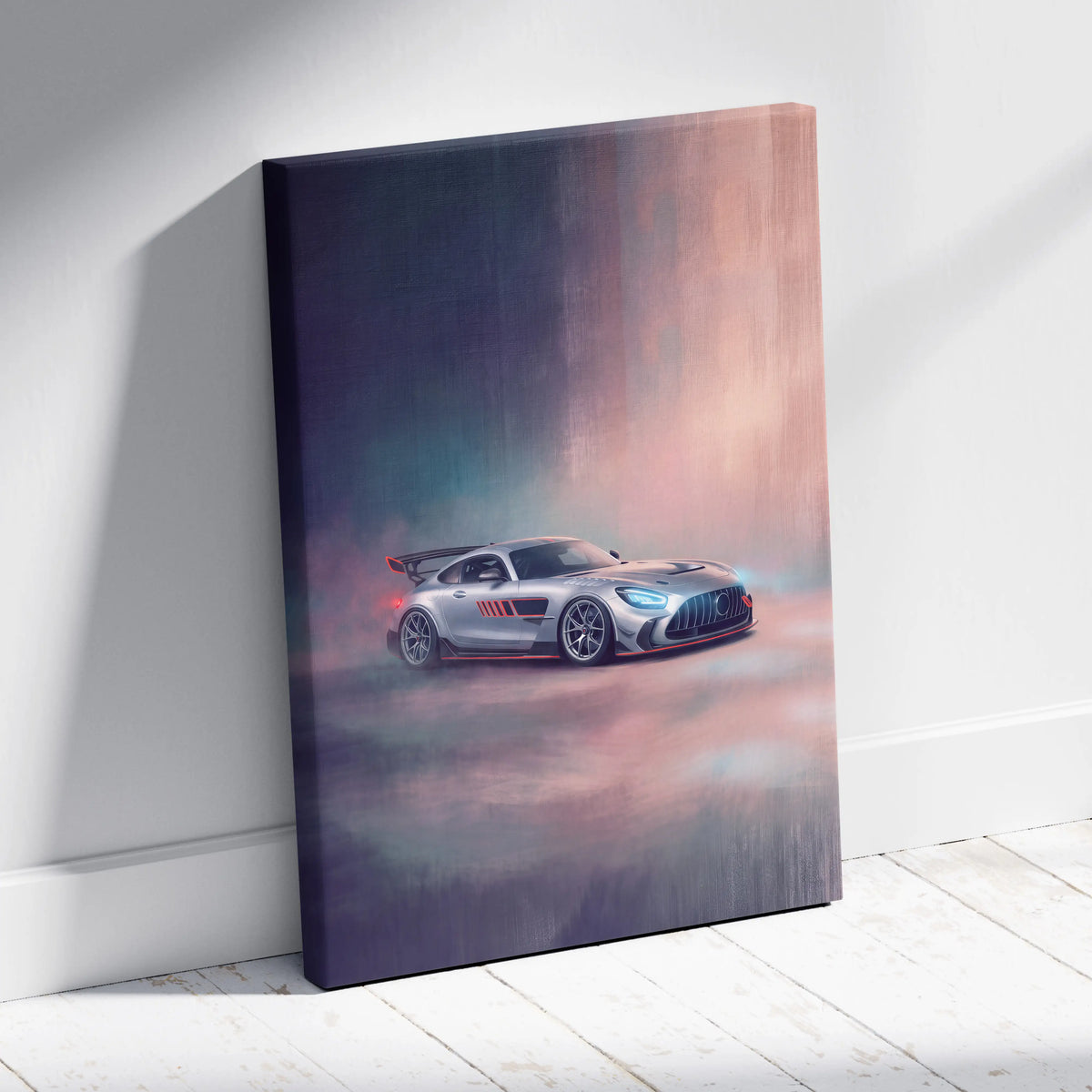 Silver Mercedes-AMG GT R race car canvas print with red accents and glowing headlights on misty gradient background