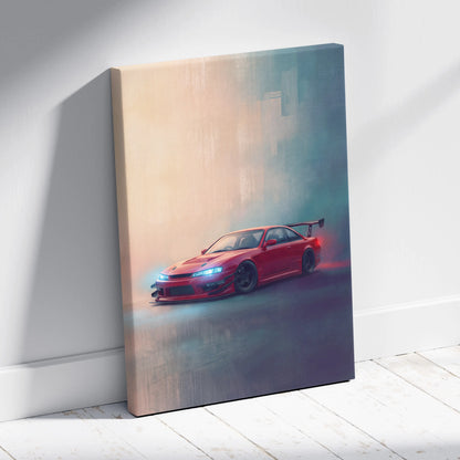 Red nissan silvia s15 drift car canvas print with glowing blue headlights and rear spoiler for home decor wall art