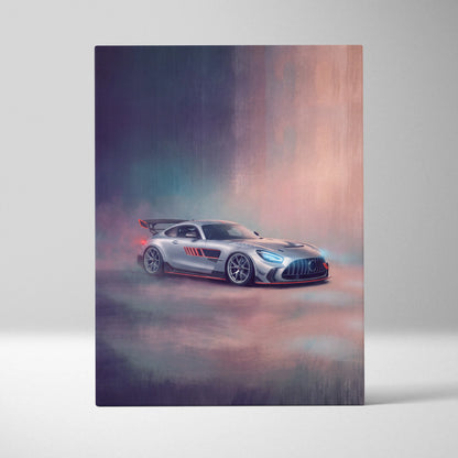 Silver mercedes-amg gt r sports car with red accents and prominent rear wing on luxury supercar canvas print