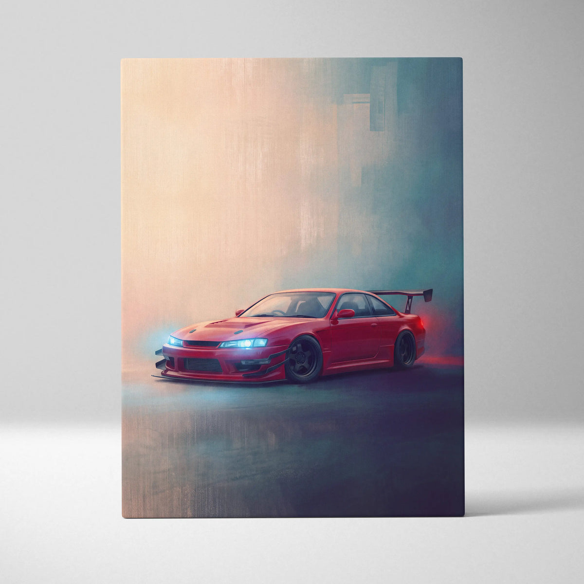 Vibrant red nissan silvia s15 drift car canvas painting with glowing headlights and rear spoiler for home decor