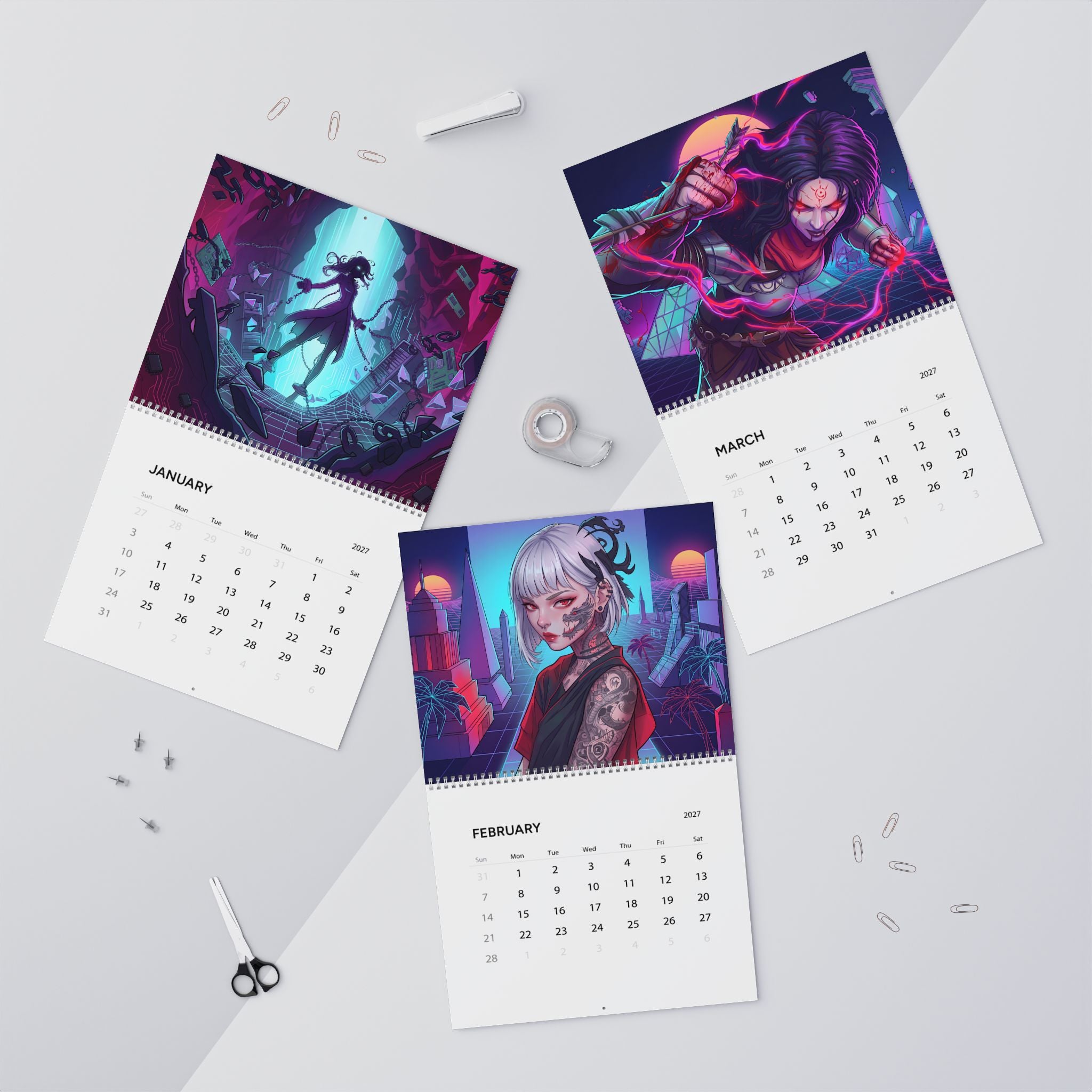 2027 Fantasy Vaporwave Artwork Wall Calendar – Retro Futuristic Neon Fantasy Art Collection