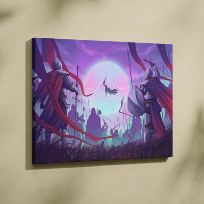 Vaporwave Neon Fantasy Canvas - Medieval Knight Neon Pink Vaporwave Living Room Epic Retro Futurism Fantasy Art Canvas