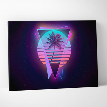 Neon Palm Sunset Canvas - Palm Pink Purple Cyan Living Room Vaporwave Dreamy Mood Retro Futurism Wall Art Canvas