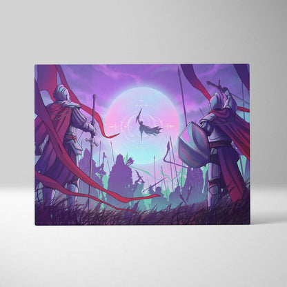 Vaporwave Neon Fantasy Canvas - Medieval Knight Neon Pink Vaporwave Living Room Epic Retro Futurism Fantasy Art Canvas