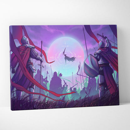 Vaporwave Neon Fantasy Canvas - Medieval Knight Neon Pink Vaporwave Living Room Epic Retro Futurism Fantasy Art Canvas