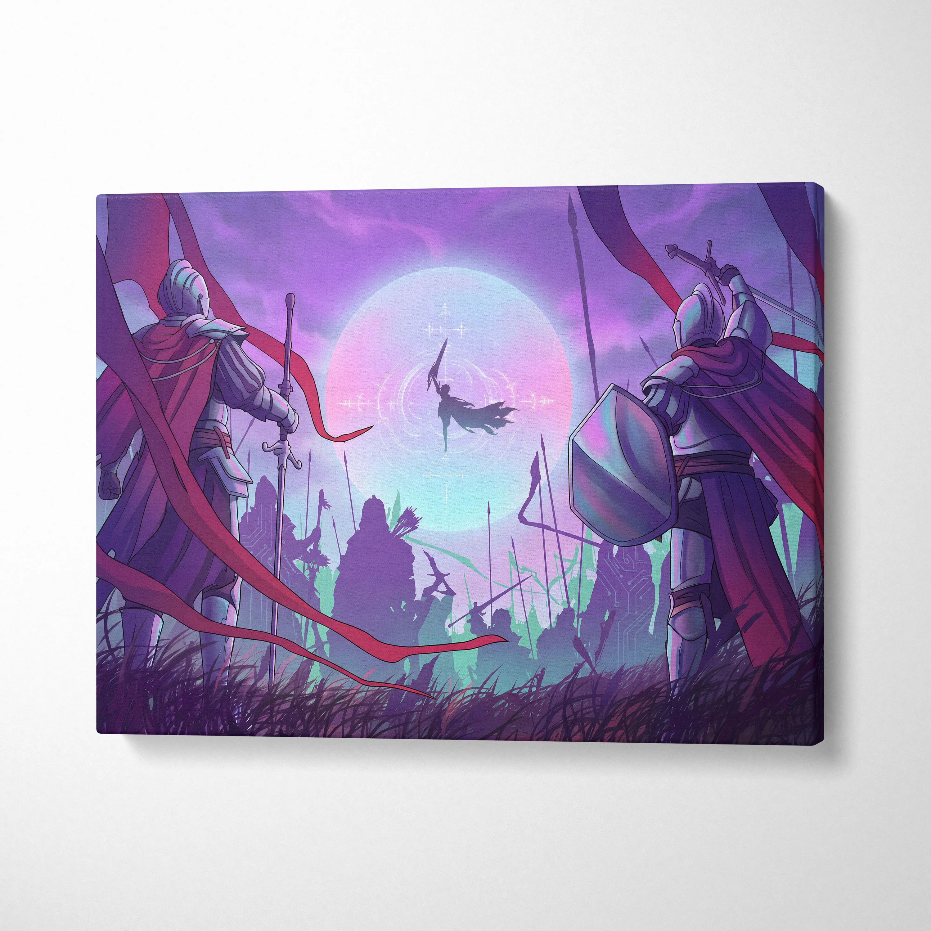 Vaporwave Neon Fantasy Canvas - Medieval Knight Neon Pink Vaporwave Living Room Epic Retro Futurism Fantasy Art Canvas