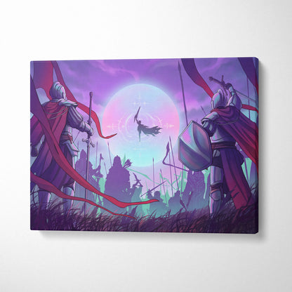 Vaporwave Neon Fantasy Canvas - Medieval Knight Neon Pink Vaporwave Living Room Epic Retro Futurism Fantasy Art Canvas