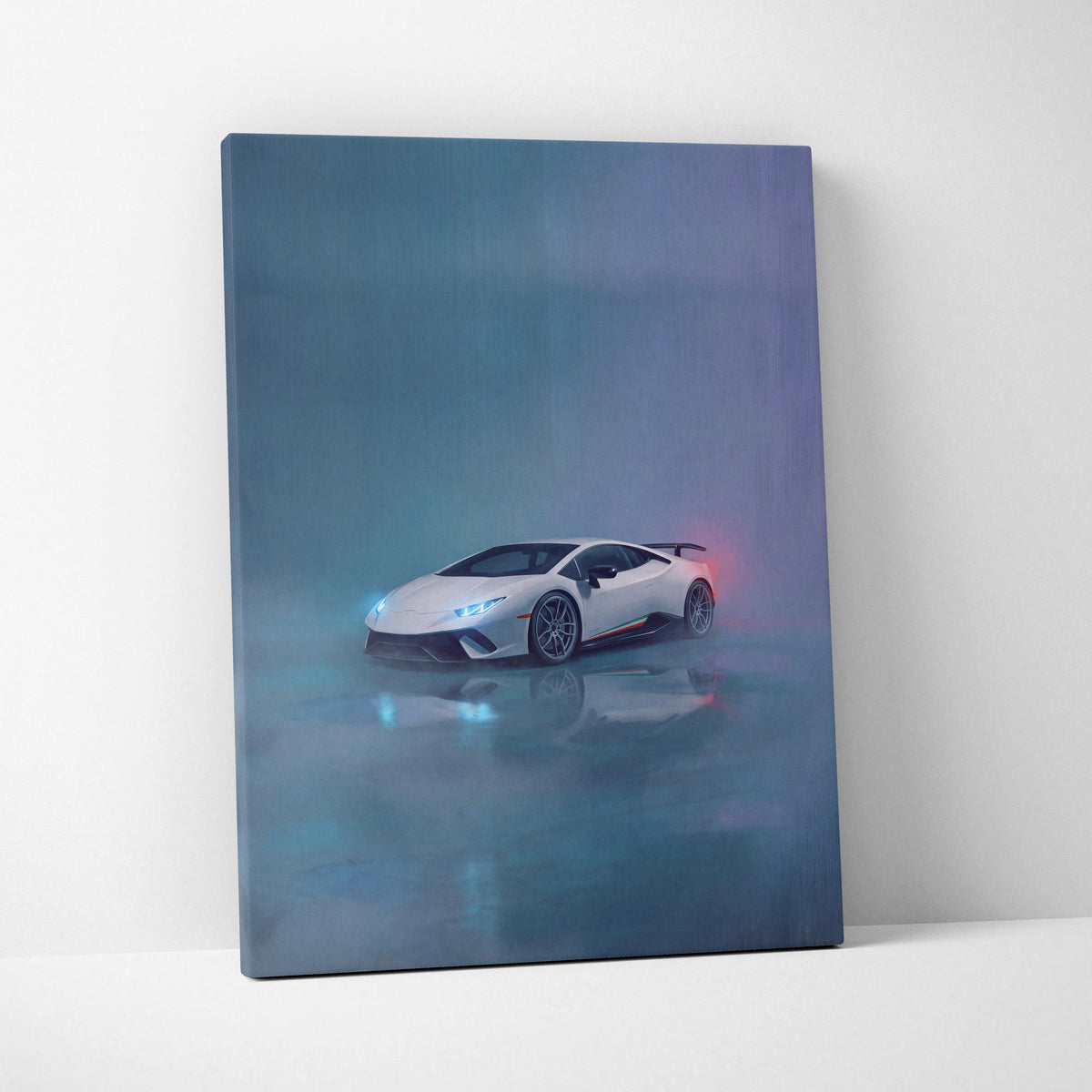 White lamborghini huracán sto inspired sports car canvas print with glowing blue headlights and red taillight accents