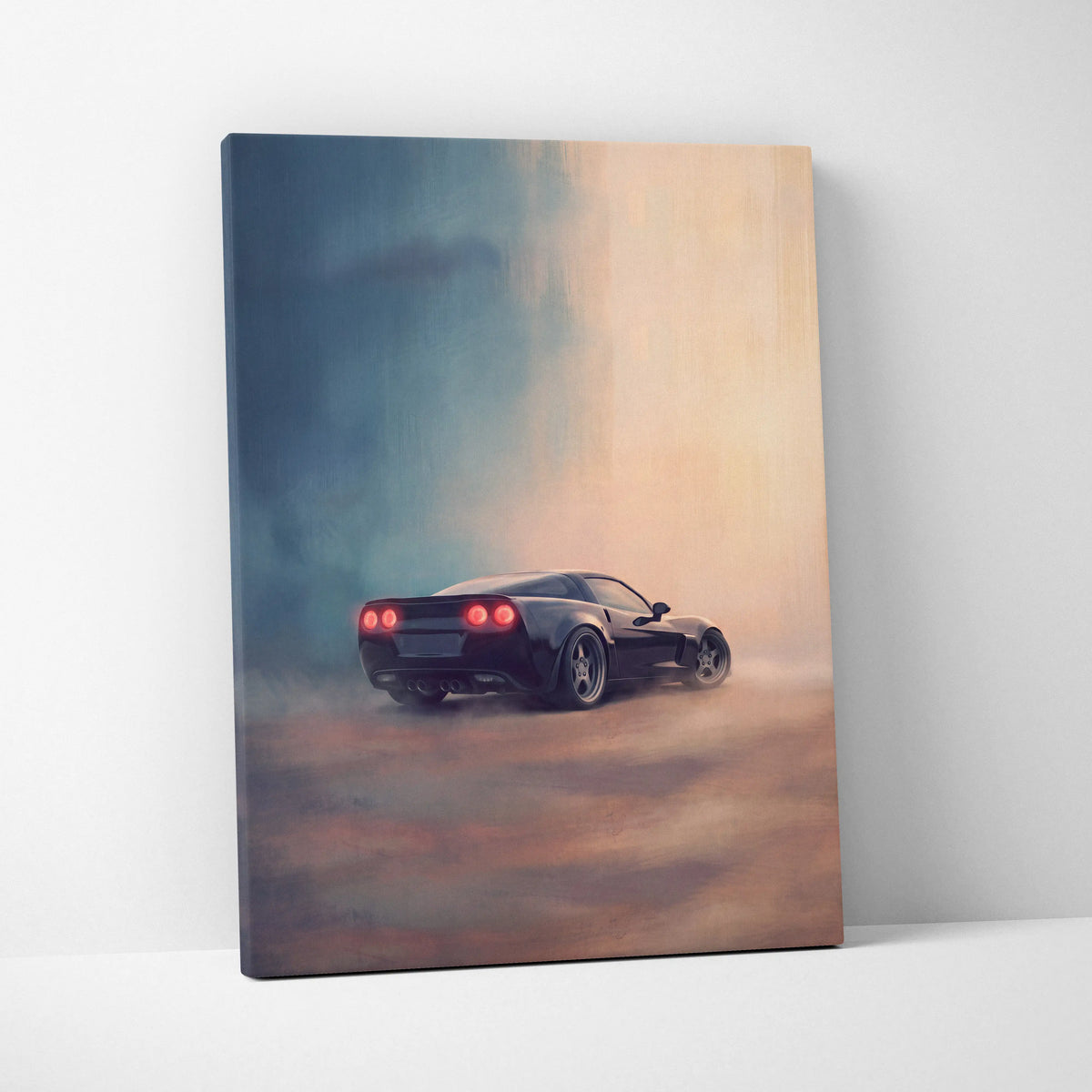 Black sports car canvas print featuring a sleek chevrolet corvette inspired vehicle with glowing red taillights drifting