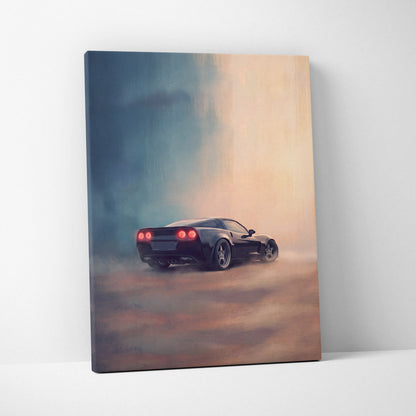 Black sports car canvas print featuring a sleek chevrolet corvette inspired vehicle with glowing red taillights drifting