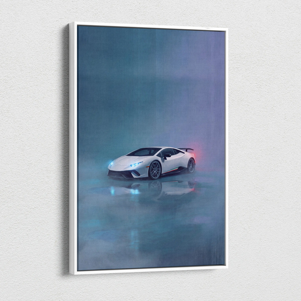 Lamborghini Huracán STO inspired supercar canvas art print featuring a white sports car with glowing blue headlights