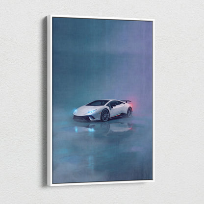 Lamborghini Huracán STO inspired supercar canvas art print featuring a white sports car with glowing blue headlights