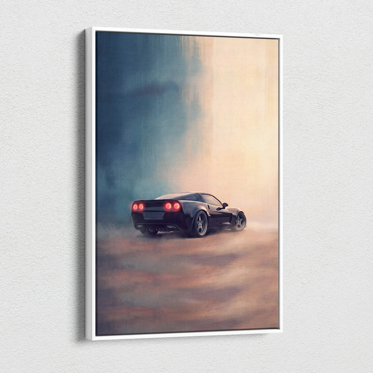 Black sports car with glowing red taillights drifting on chevrolet corvette inspired canvas art for garage decor