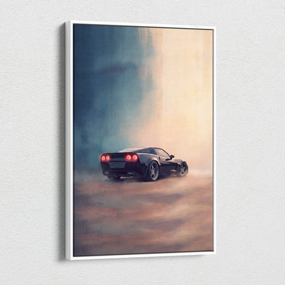 Black sports car with glowing red taillights drifting on chevrolet corvette inspired canvas art for garage decor