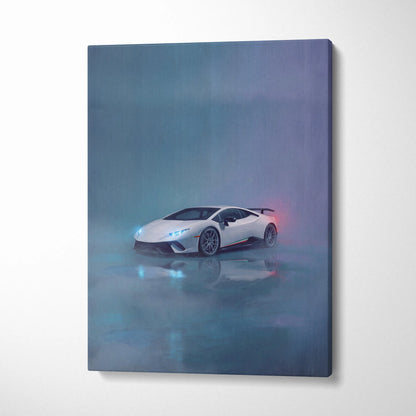 White Lamborghini Huracán STO inspired sports car canvas print with glowing blue headlights and red taillights in mist