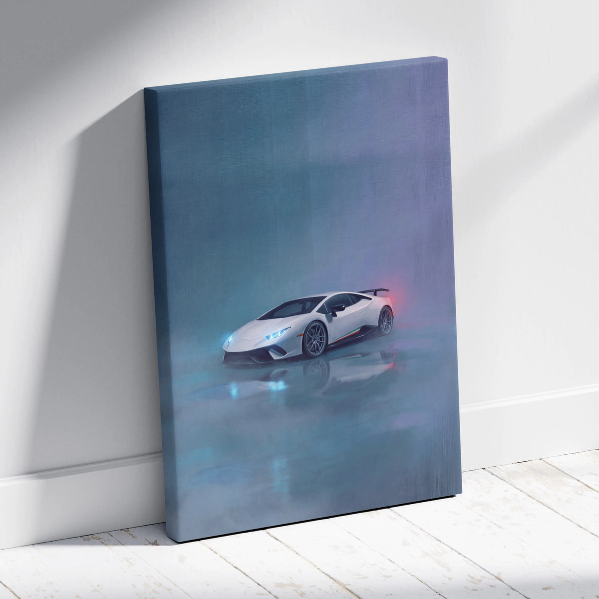 White Lamborghini Huracán STO inspired supercar canvas art with glowing blue headlights on a misty teal background