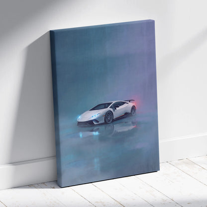 White Lamborghini Huracán STO inspired supercar canvas art with glowing blue headlights on a misty teal background