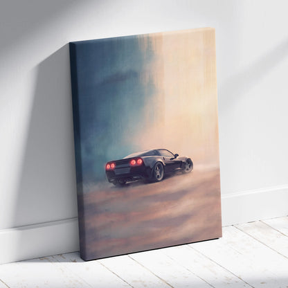 Black sports car canvas print featuring a Chevrolet Corvette inspired sleek vehicle with glowing red taillights for garage decor