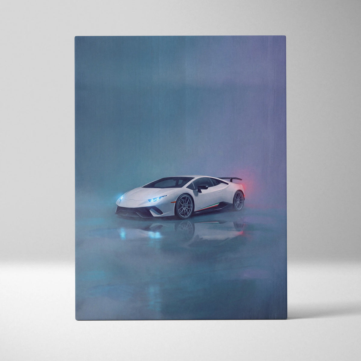 Lamborghini Huracán STO inspired supercar canvas art featuring a white sports car with glowing blue headlights and red taillights
