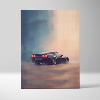 Black chevrolet corvette inspired canvas art featuring a dynamic drift scene with glowing red taillights on smoky backdrop