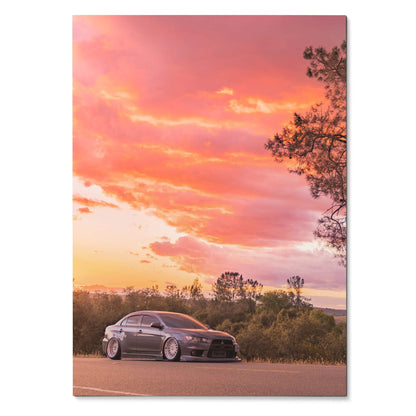 Mitsubishi Evo X poster with sunset sky and silhouette trees, automotive wall art print.