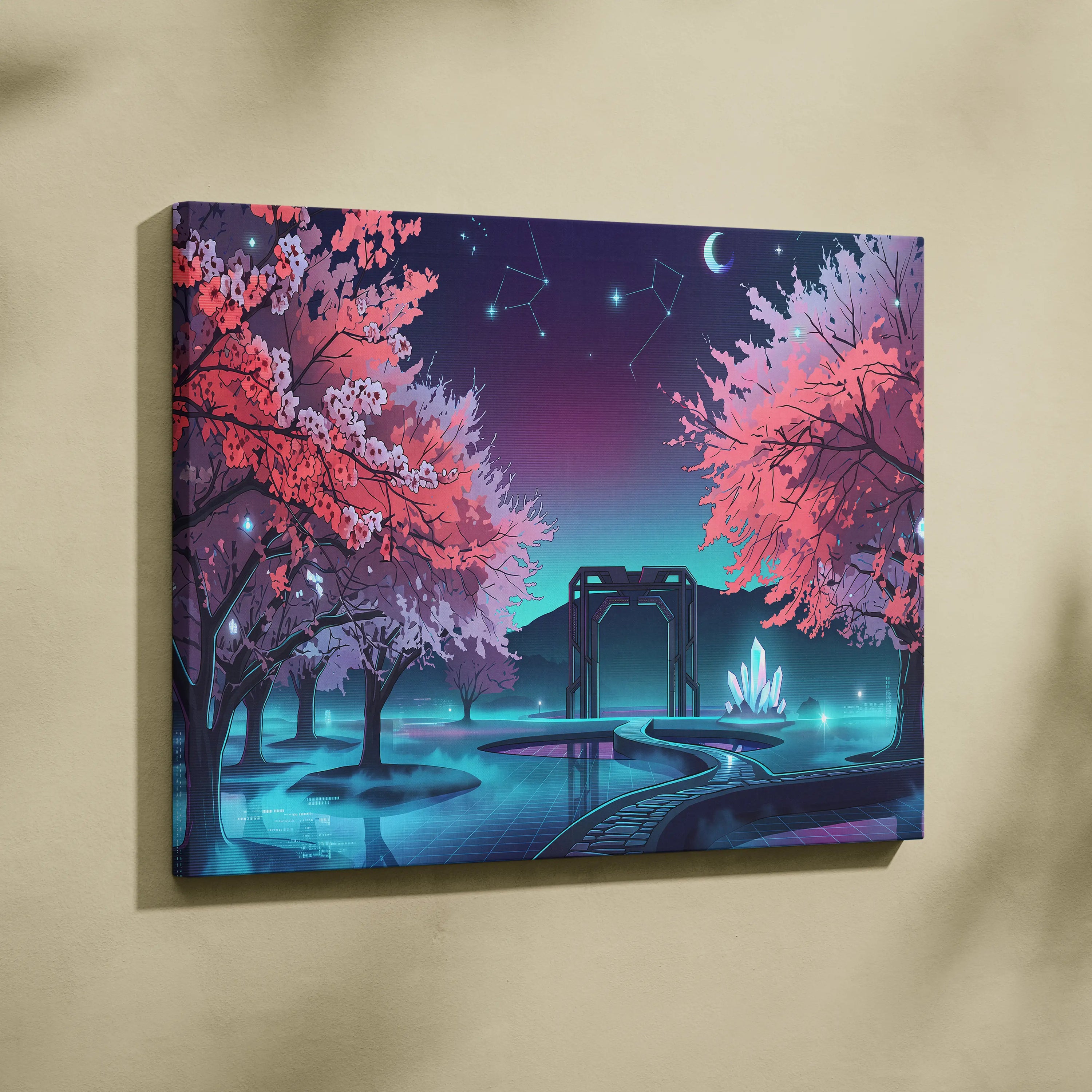 Neon Vaporwave Blossom Canvas - Cherry Blossom Neon Wall Art Vaporwave Dreamy Retro Futurism Mood Canvas