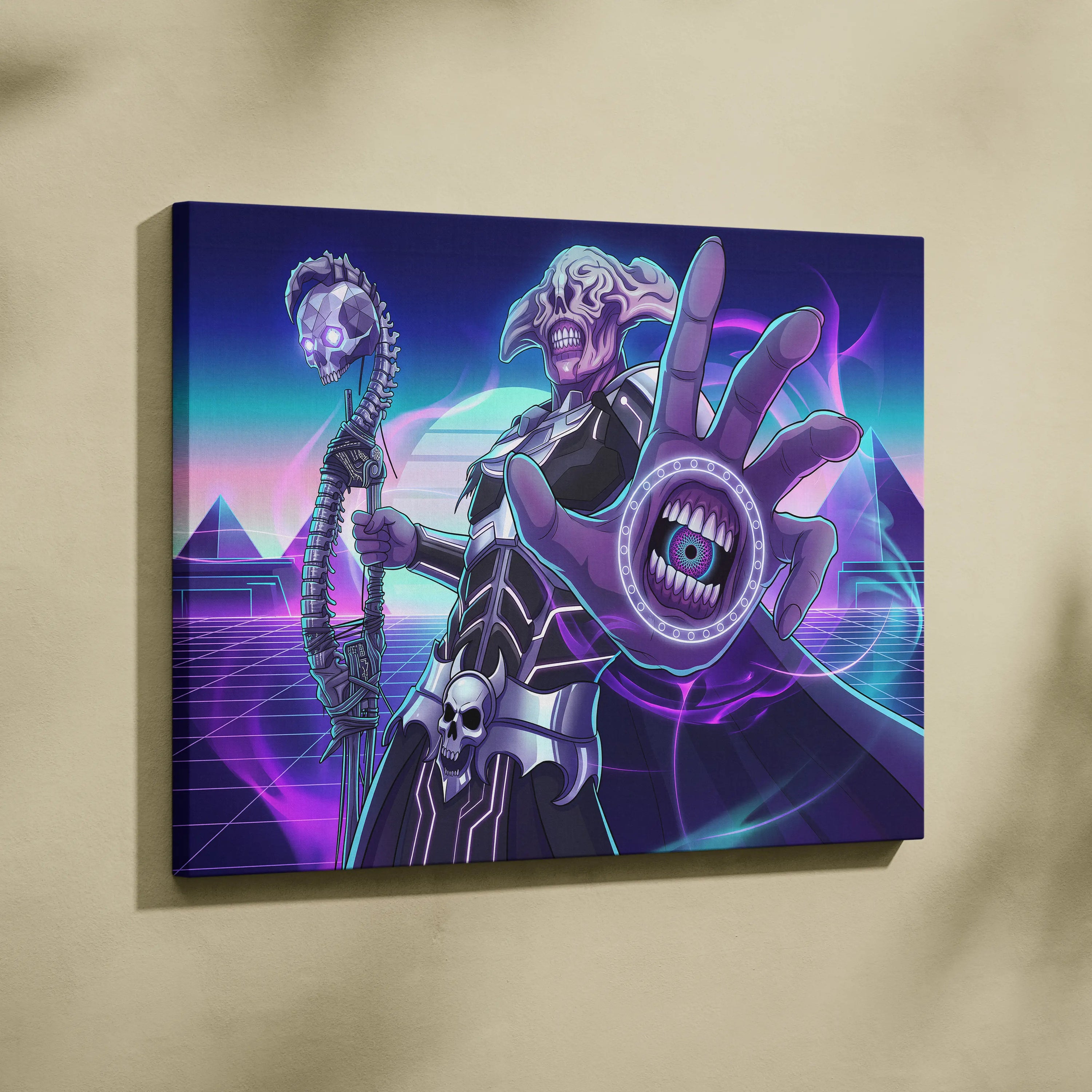 Vaporwave Skull Nebula Art - Skull Neon Purple Blue Living Room Vaporwave Mood Dreamlike Futurism Neon Celestial Canvas