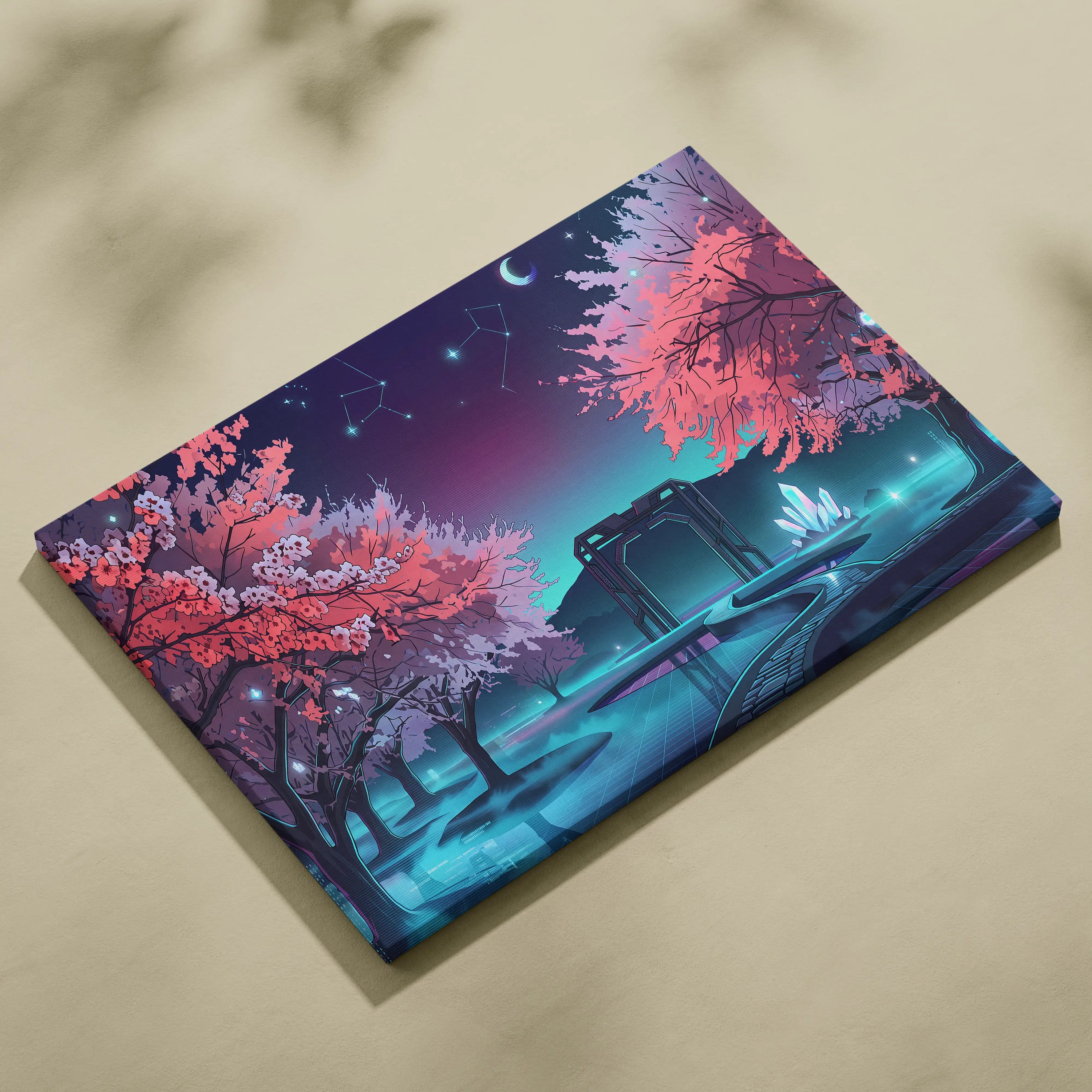 Neon Vaporwave Blossom Canvas - Cherry Blossom Neon Wall Art Vaporwave Dreamy Retro Futurism Mood Canvas