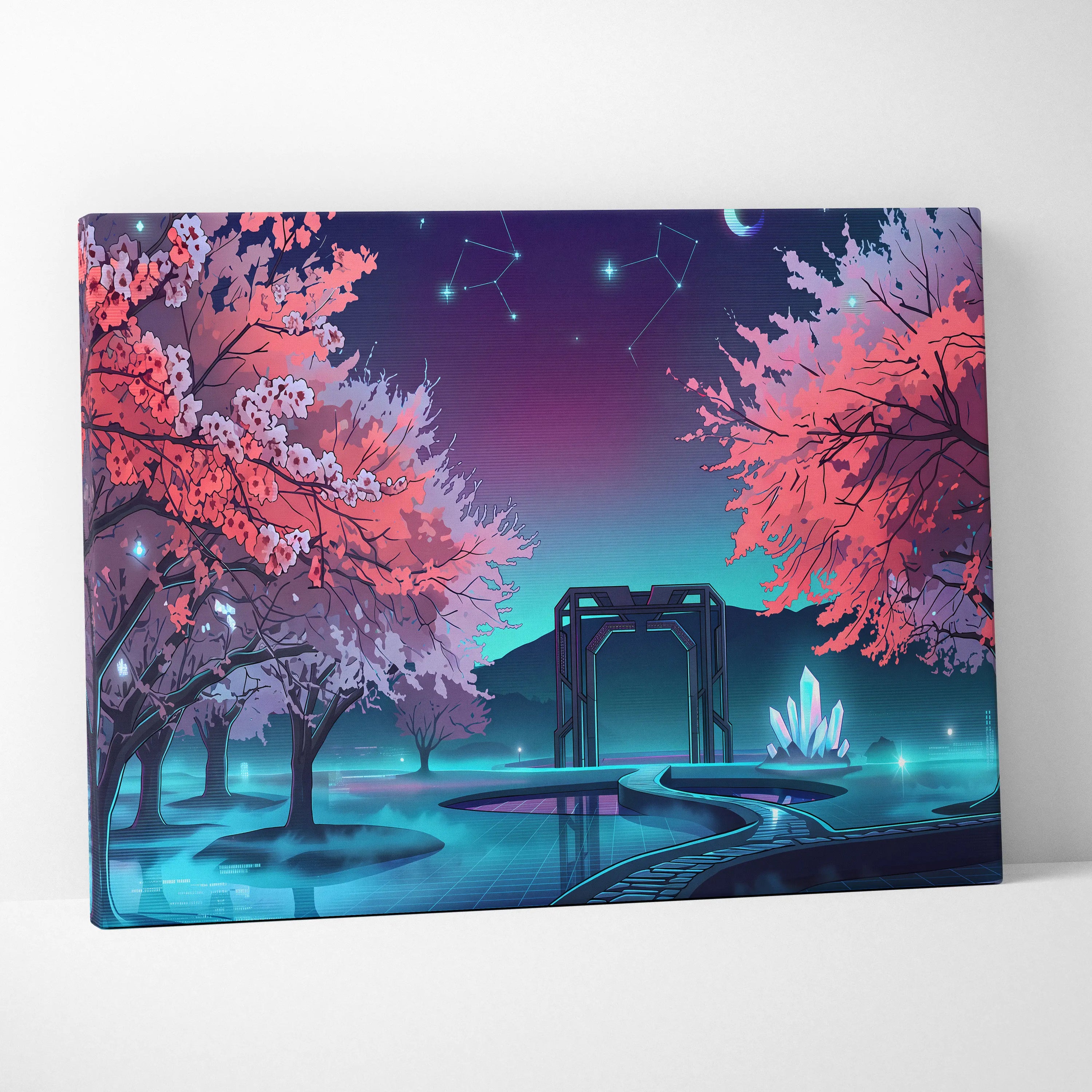 Neon Vaporwave Blossom Canvas - Cherry Blossom Neon Wall Art Vaporwave Dreamy Retro Futurism Mood Canvas