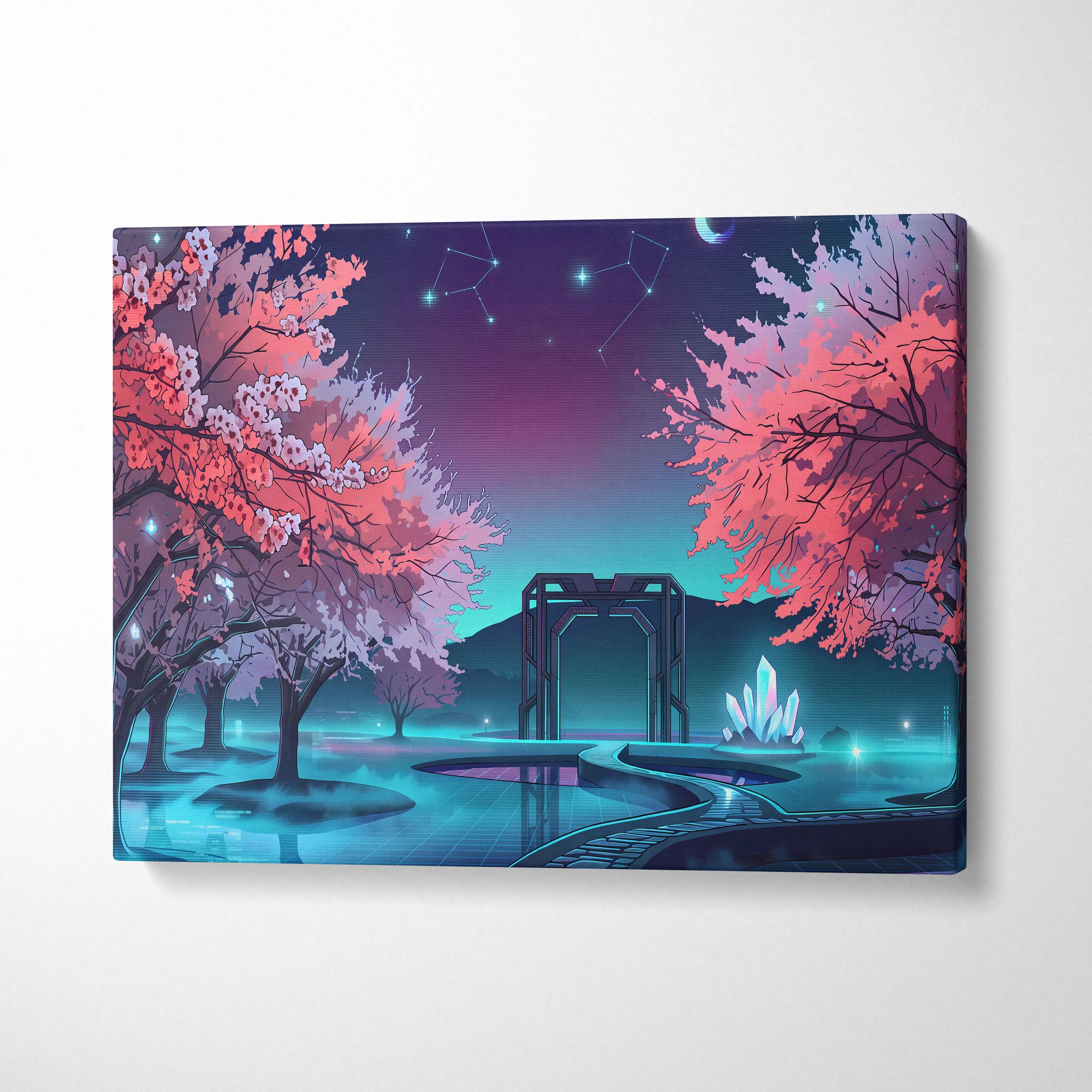 Neon Vaporwave Blossom Canvas - Cherry Blossom Neon Wall Art Vaporwave Dreamy Retro Futurism Mood Canvas
