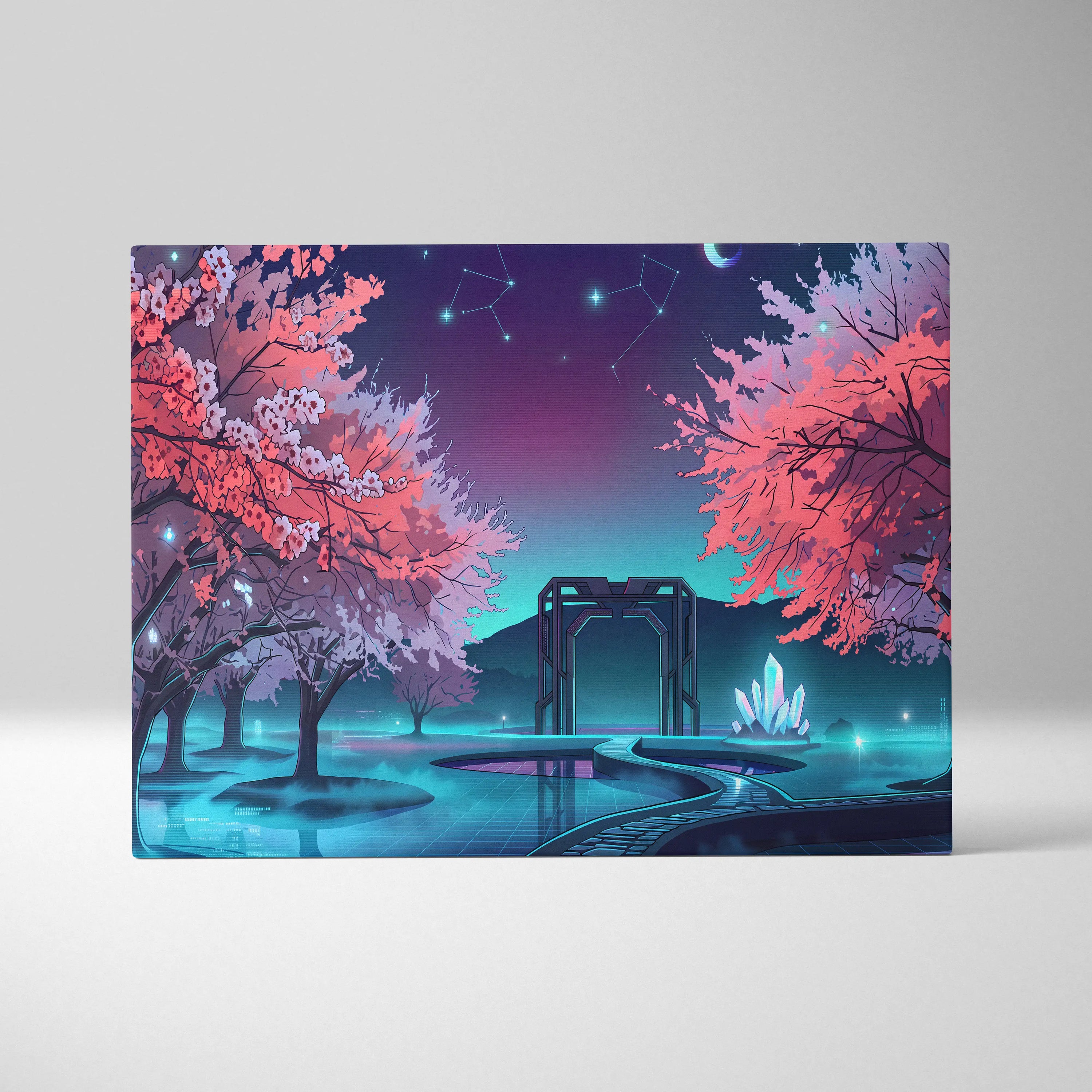 Neon Vaporwave Blossom Canvas - Cherry Blossom Neon Wall Art Vaporwave Dreamy Retro Futurism Mood Canvas