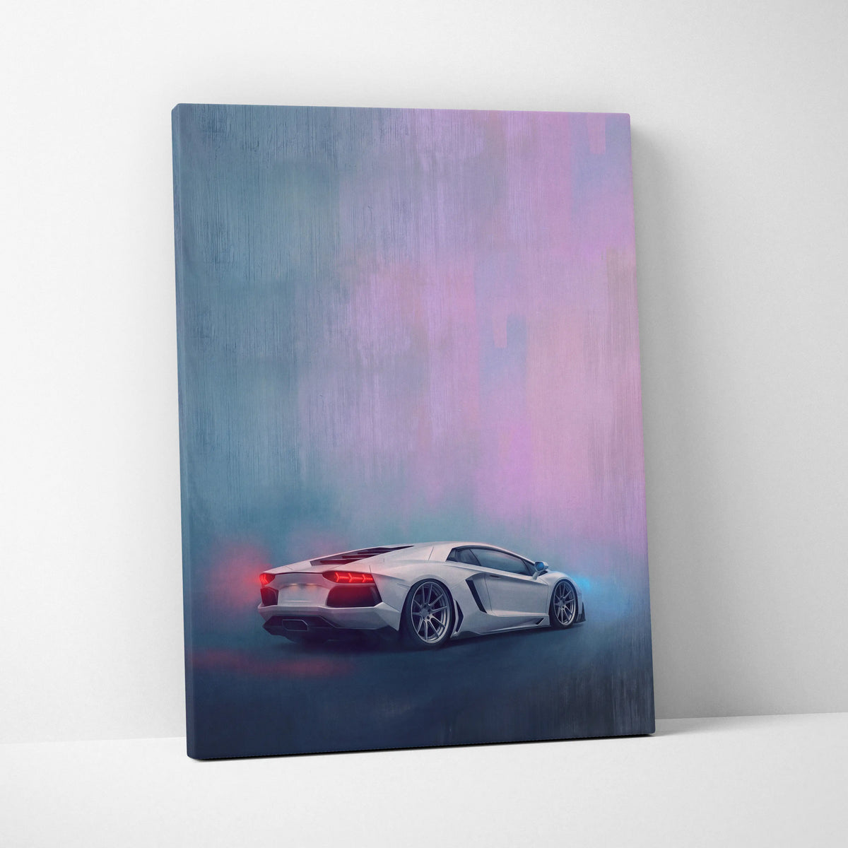 A sleek white Lamborghini Aventador canvas art with glowing red taillights and purple-blue lighting wall decor