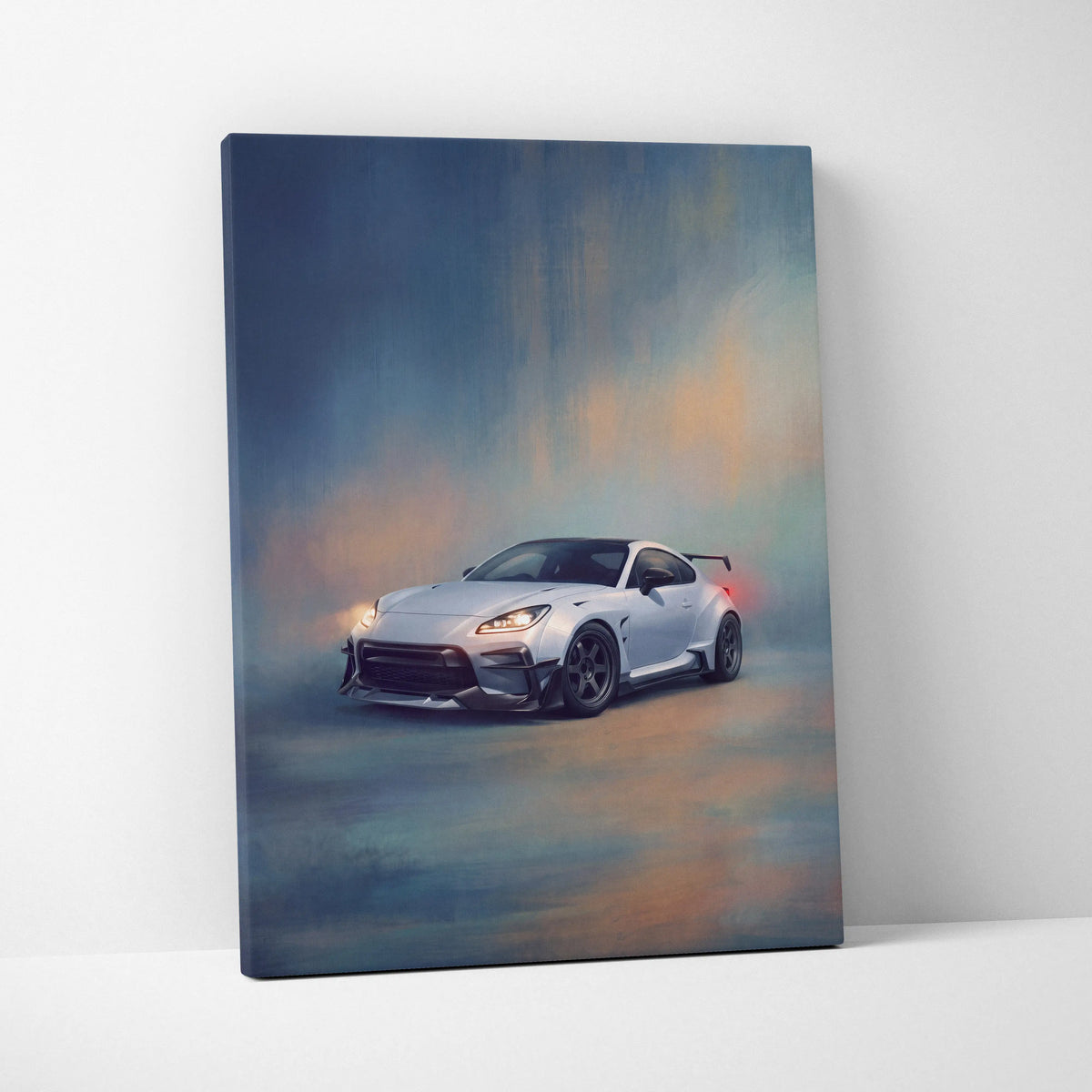 White sports car canvas print featuring sleek modern design with black accents for Toyota GR86 widebody wall decor