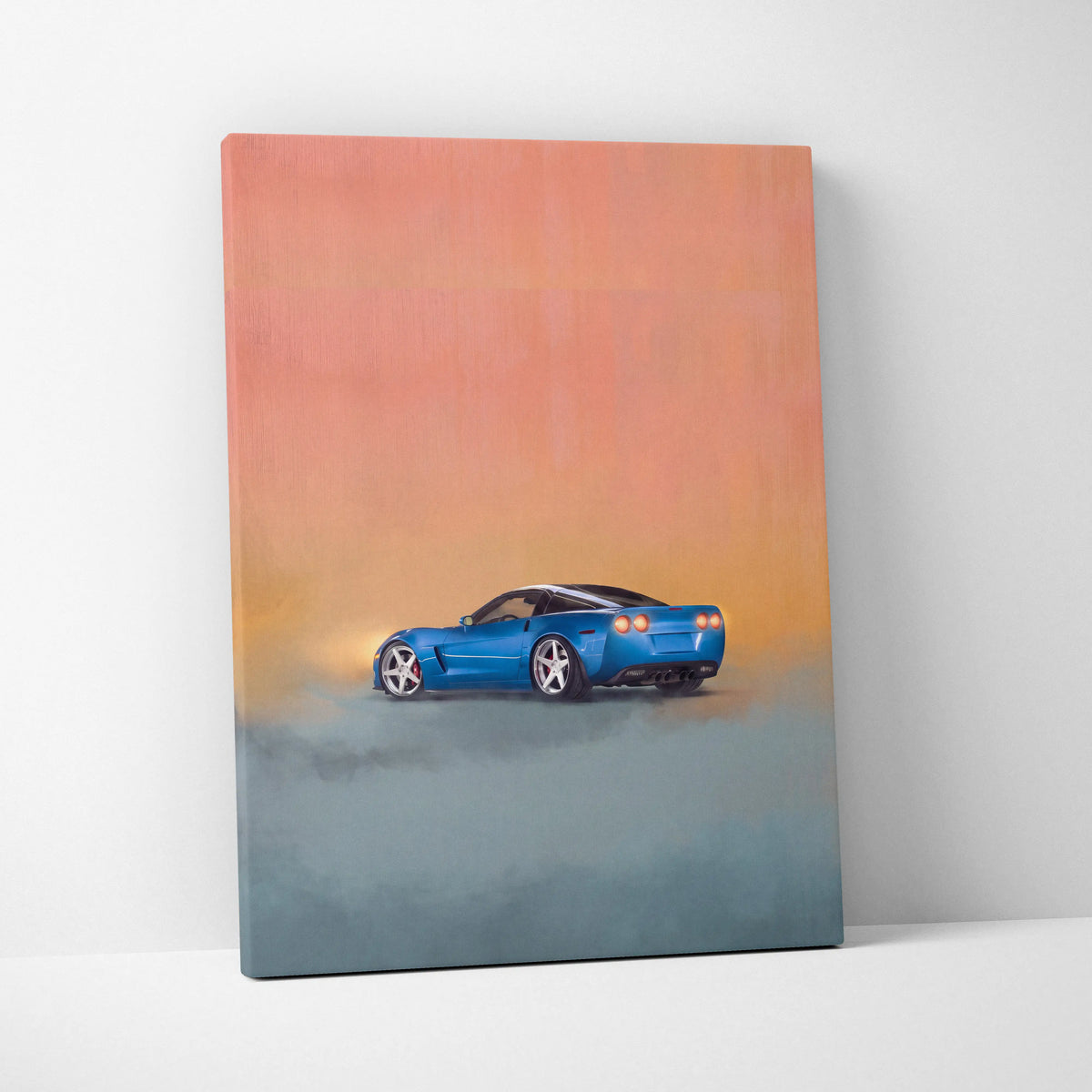Blue Chevrolet Corvette inspired sports car canvas print with glowing headlights for office wall decor