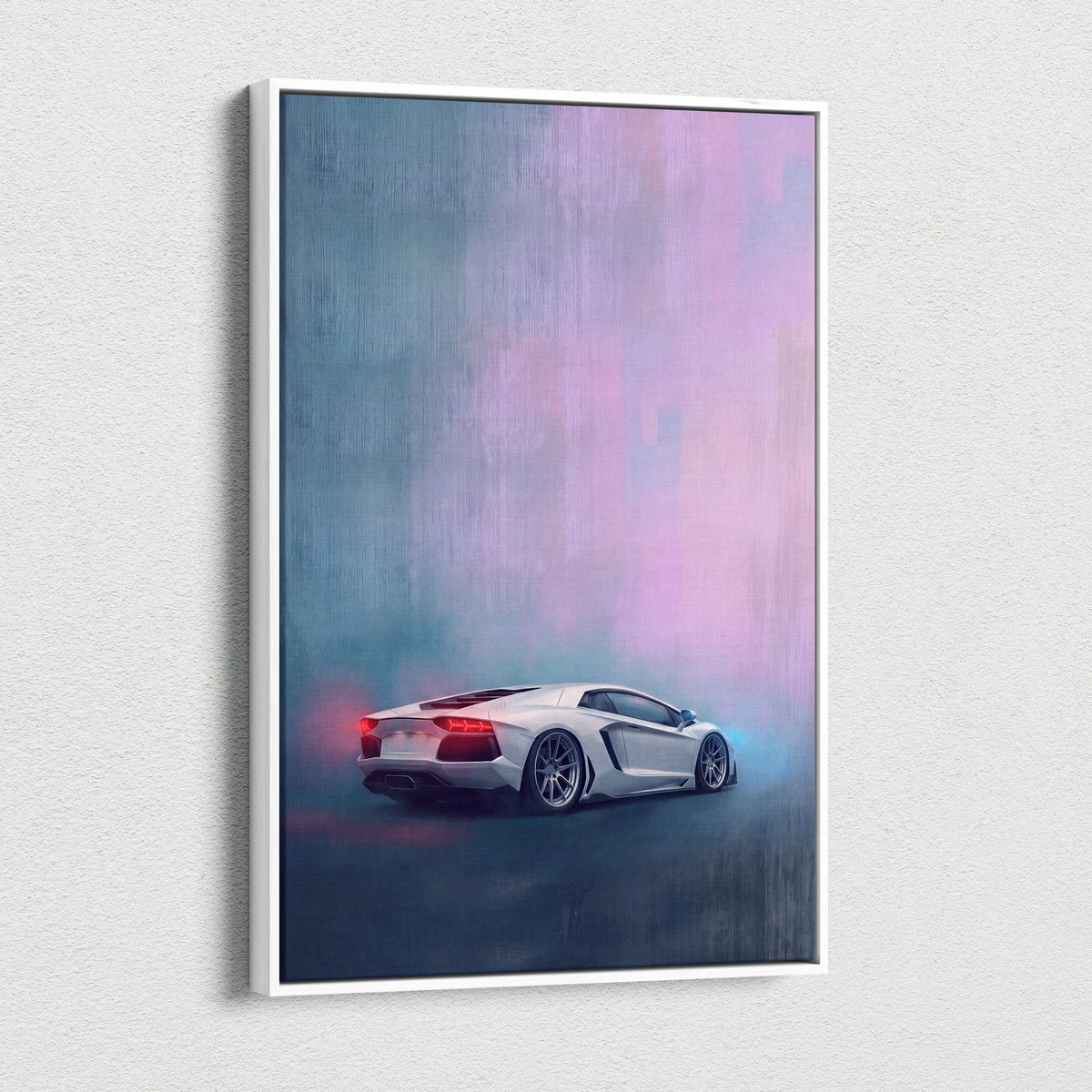 White-framed canvas art featuring a sleek silver Lamborghini Aventador with glowing red taillights on a purple blue background