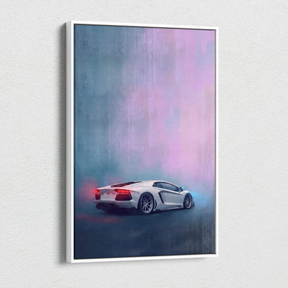 White-framed canvas art featuring a sleek silver Lamborghini Aventador with glowing red taillights on a purple blue background