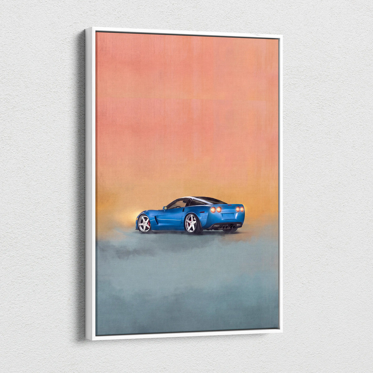 Chevrolet corvette inspired blue sports car wall art with orange and teal gradient background for office decor