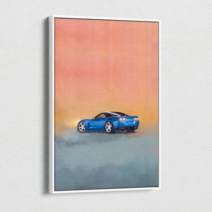 Chevrolet corvette inspired blue sports car wall art with orange and teal gradient background for office decor