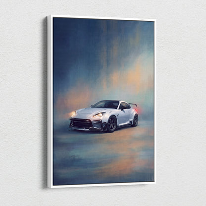 White framed canvas print of a sleek silver toyota gr86 widebody inspired sports car with black accents and glowing headlights