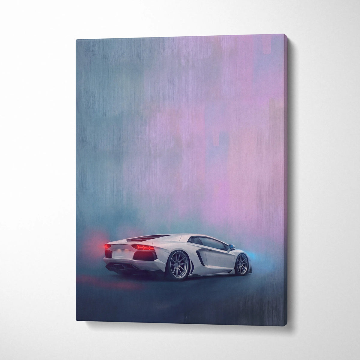 White lamborghini aventador canvas art with glowing red taillights on smoky gradient background premium wall decor