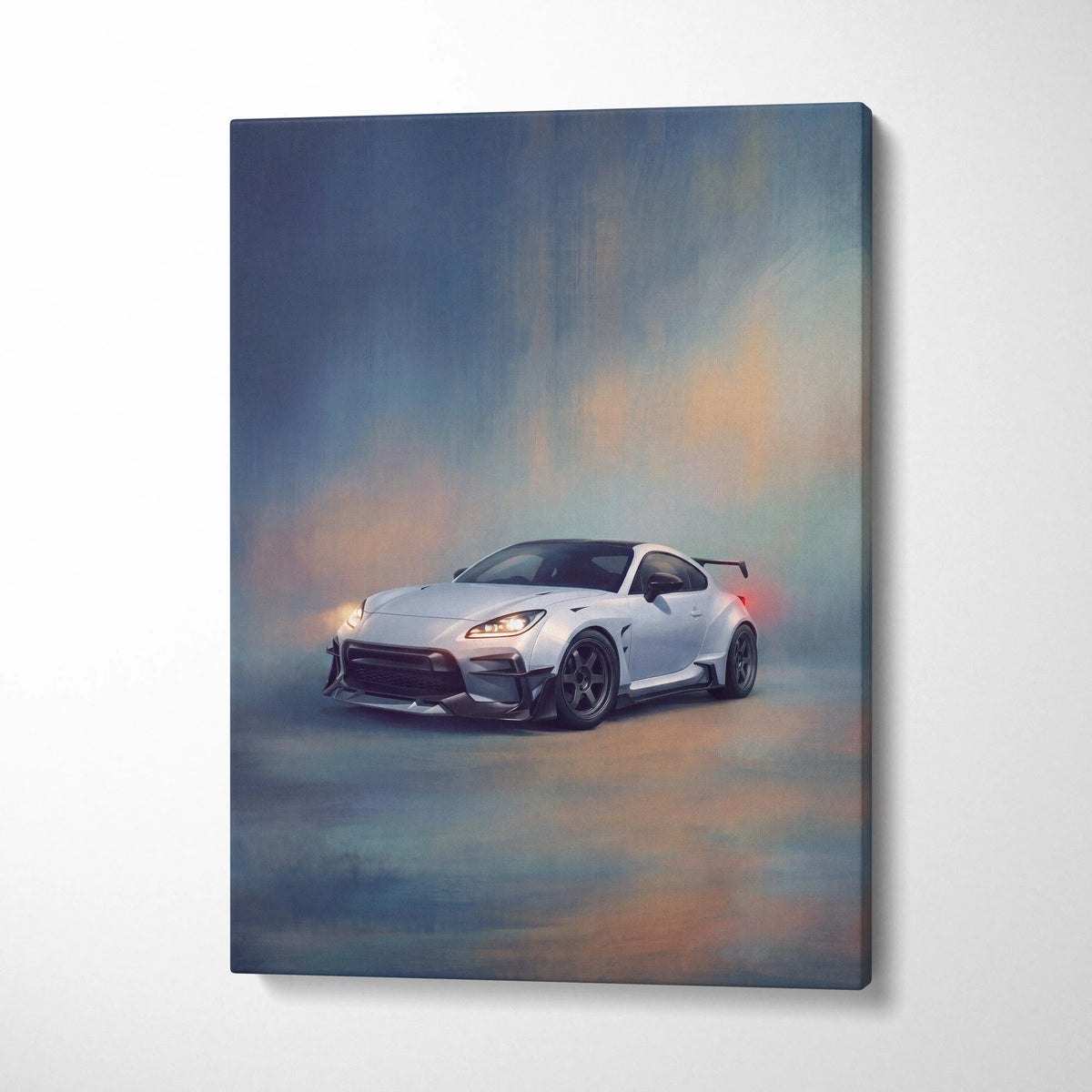 Toyota gr86 widebody inspired white sports car canvas painting with sleek black accents for racing wall decor