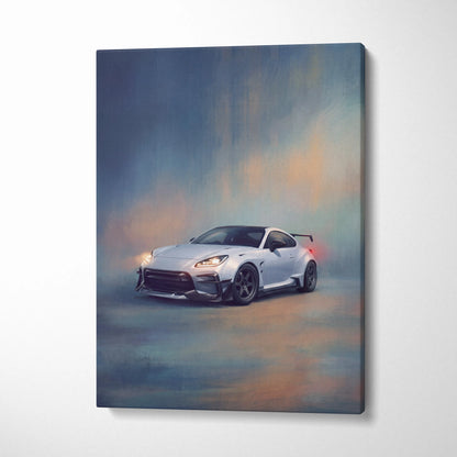 Toyota gr86 widebody inspired white sports car canvas painting with sleek black accents for racing wall decor