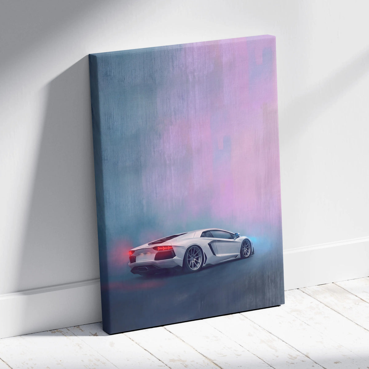 A sleek white Lamborghini Aventador canvas print featuring a dynamic stylized depiction on premium wall decor