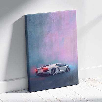A sleek white Lamborghini Aventador canvas print featuring a dynamic stylized depiction on premium wall decor