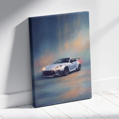 Toyota GR86 widebody inspired white sports car canvas painting with black accents and red taillights wall decor