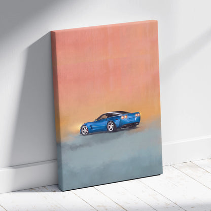 Blue Chevrolet Corvette inspired sports car wall art on canvas with gradient orange and teal background for office decor