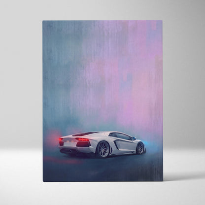 Lamborghini Aventador inspired canvas art featuring a white sports car with glowing red taillights and aerodynamic design