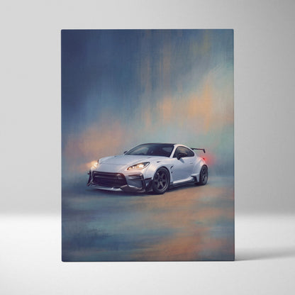 White sports car with black rims and rear spoiler artistic canvas painting inspired by toyota gr86 widebody for wall decor
