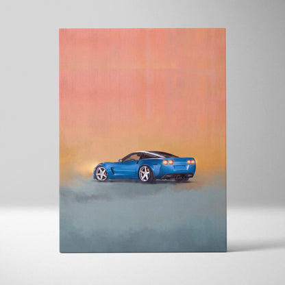 Vibrant blue Chevrolet Corvette inspired sports car canvas print with glowing headlights and smoke effects for office decor